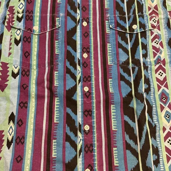 Vintage Wrangler Long Tail Aztec Striped Shirt Mens 16.5-34 Cowboy Country - Picture 2 of 9